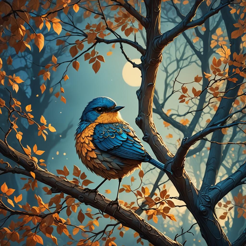 Autumn Bird on Tree in Fantasy Style