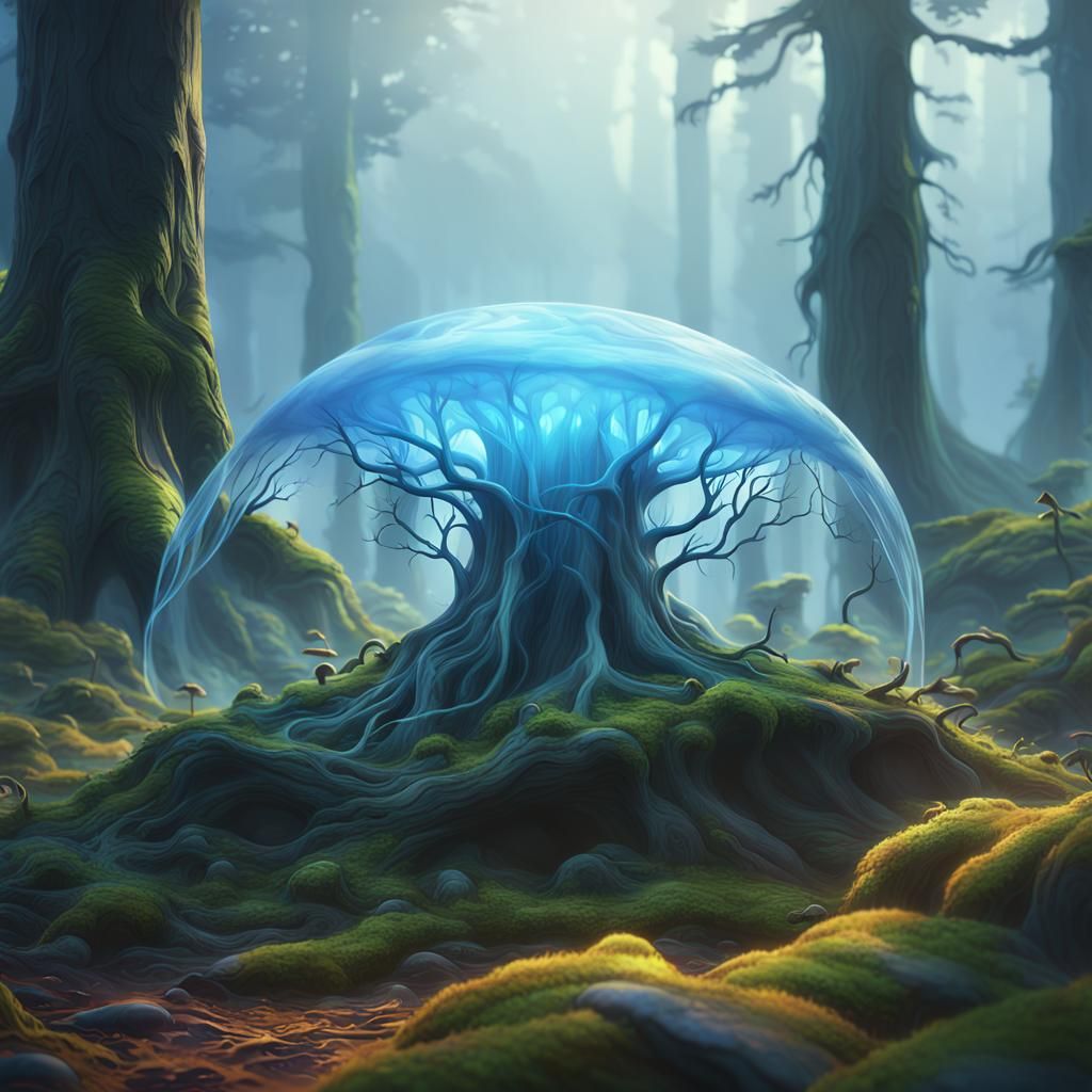 Translucent Blob in Misty Forest: Fantasy Matte Painting