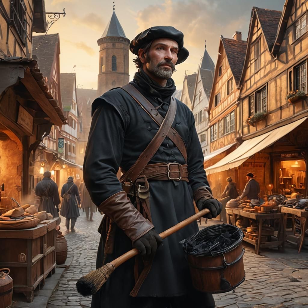 Medieval German Hansa Town Chimney Sweeper in Warm Golden Li...