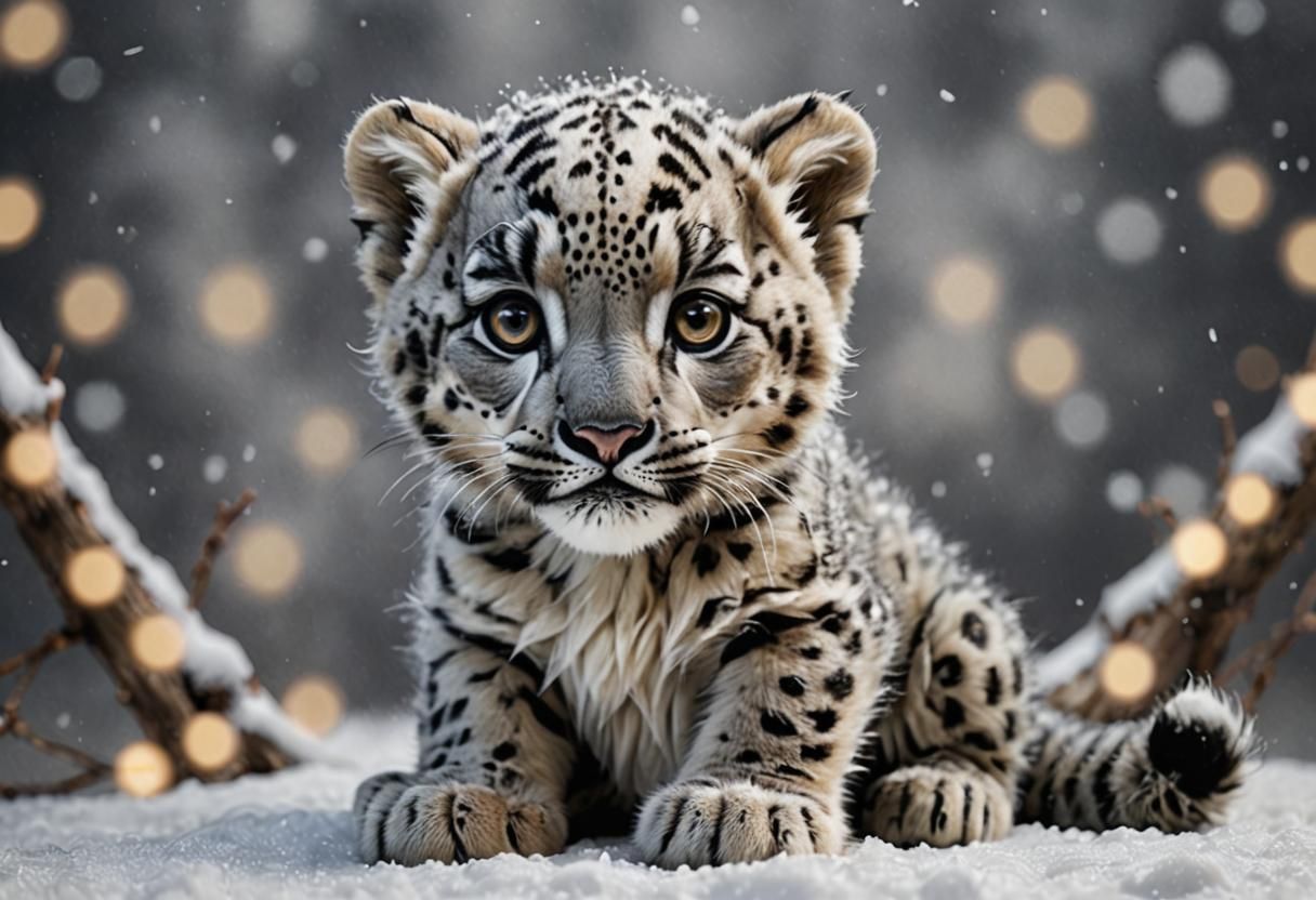 Photorealistic Newborn Snow Leopard with Robotic Eyes
