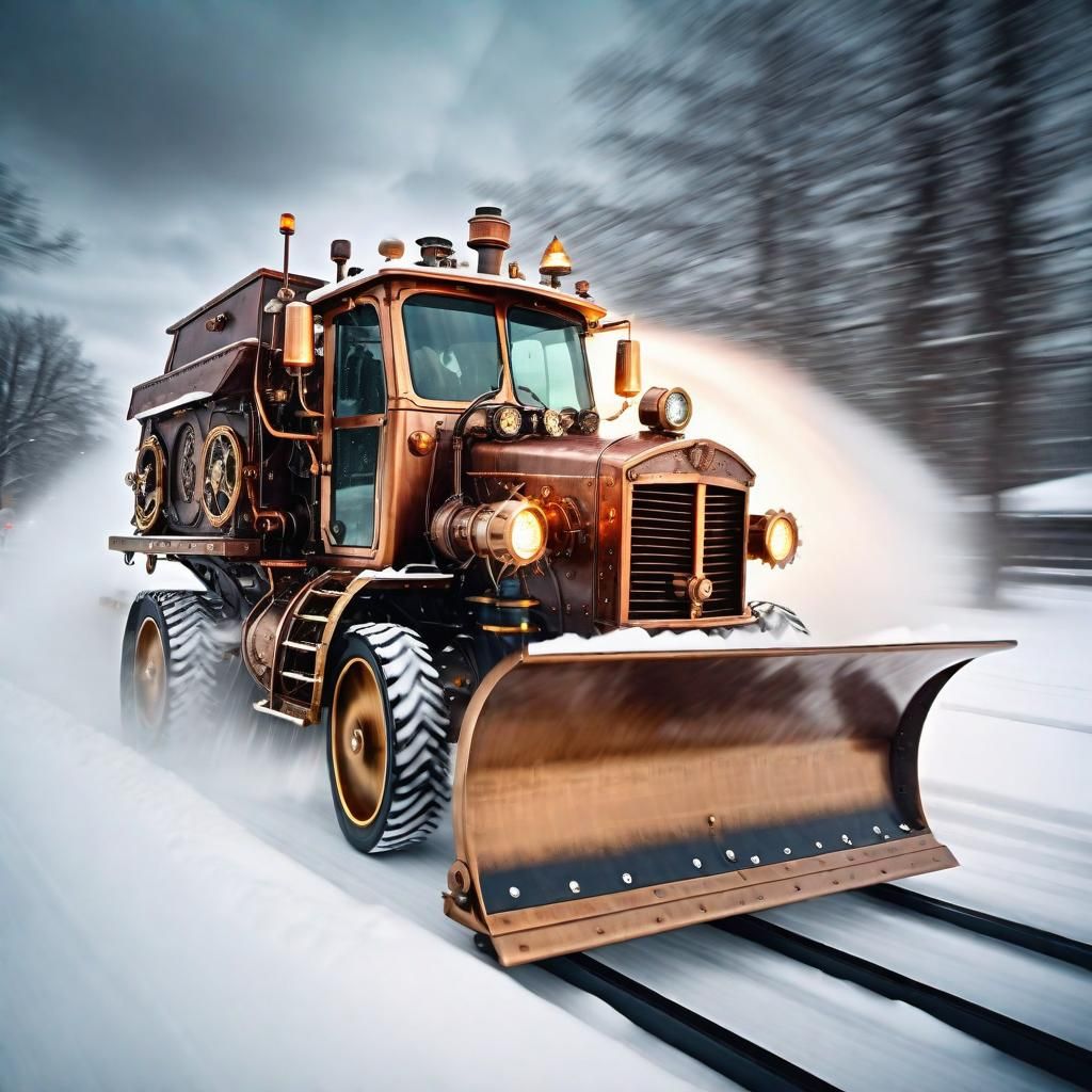 Steampunk Snowplow in Motion on Snowy Road
