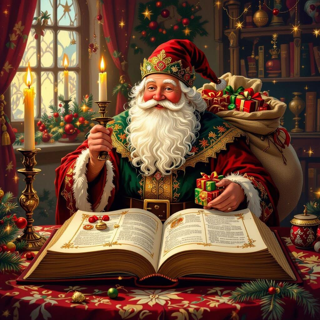 Saint Nicholas Emerges From Open Book on Festive Table
