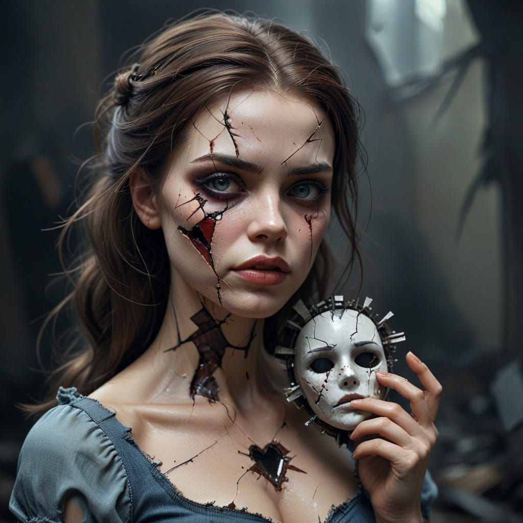 Fantasy Broken Doll Woman with Cracked Heart