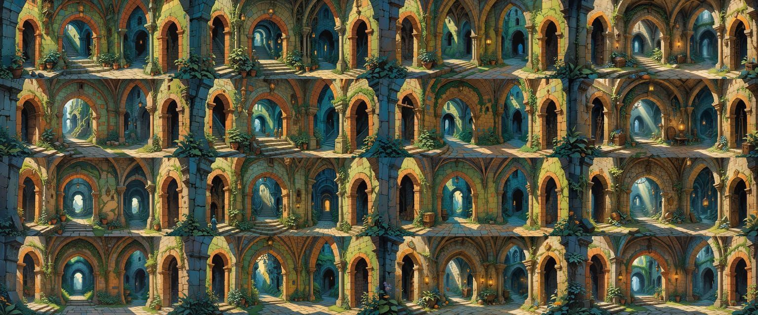 Cheerful Dungeon Passageway with Treasure in Watercolor Styl...