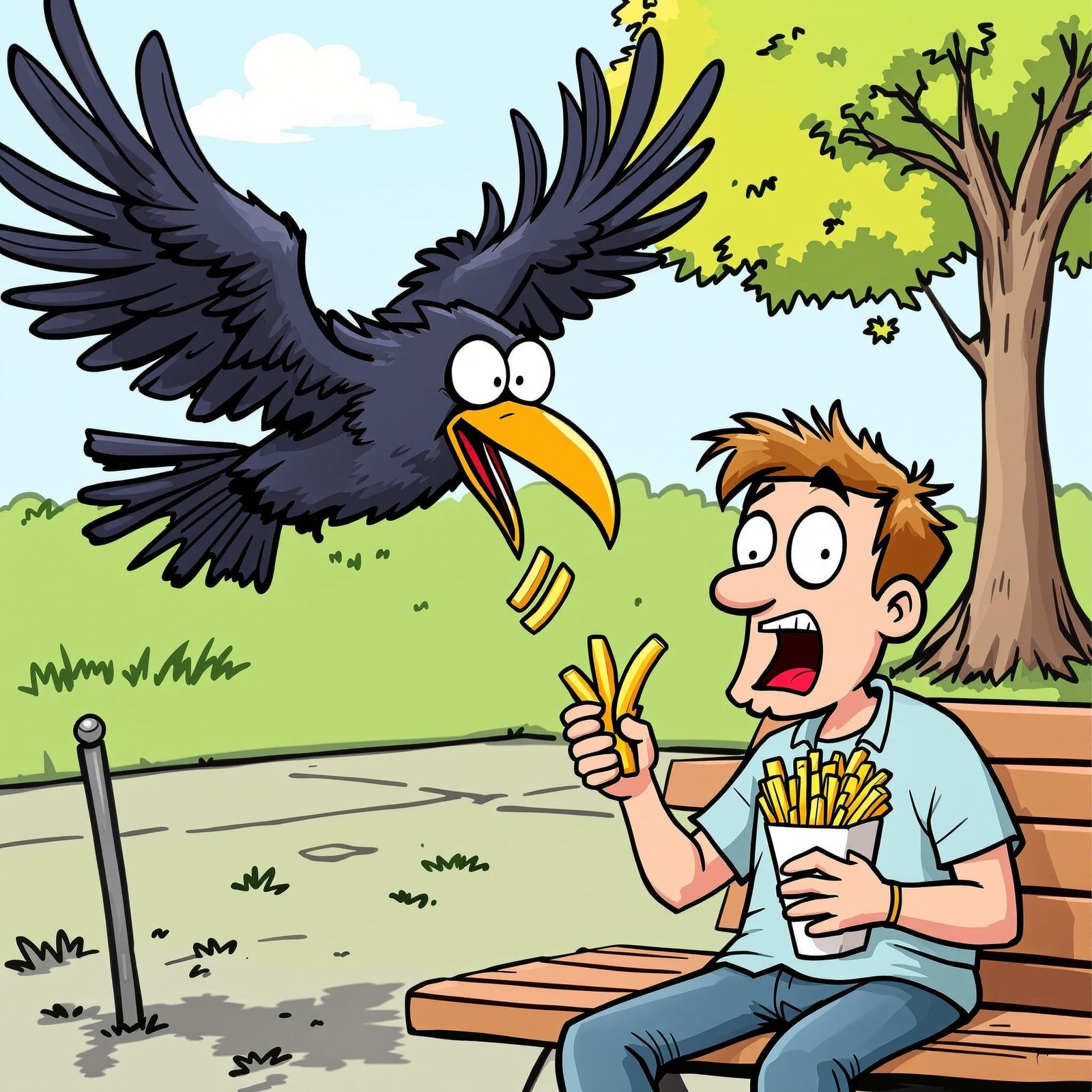 A humorous cartoon scene of a mischievous raven swooping dow...