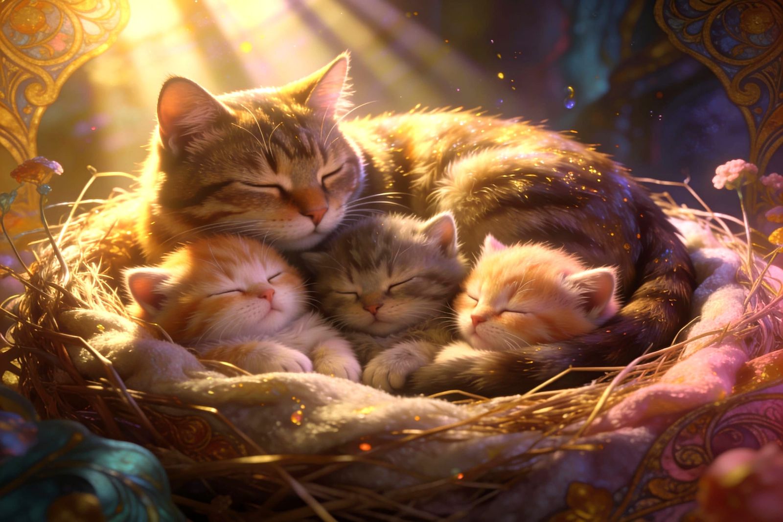 Dreamy Kittens Sleeping in Sunlit Nest
