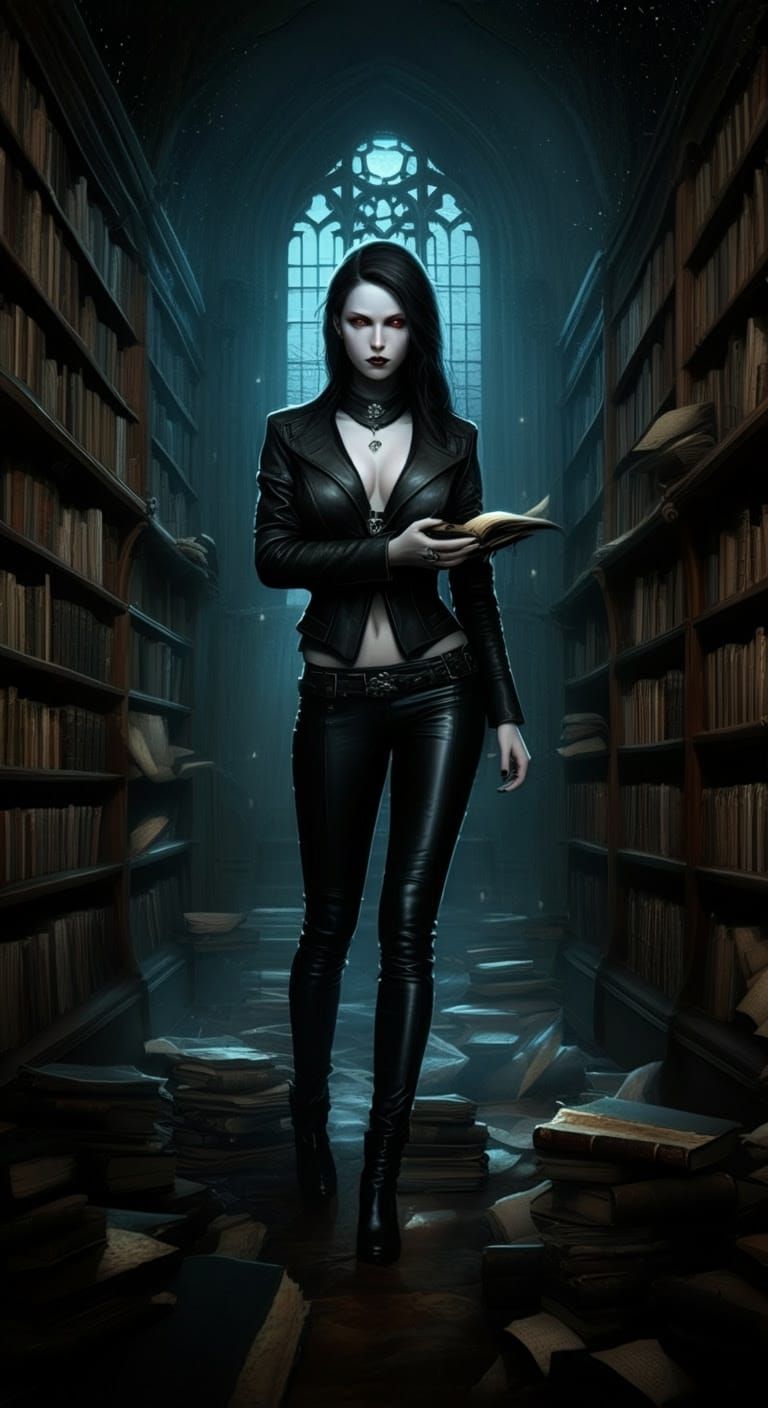 Ethereal Vampire Amidst Whispers of Ancient Tomes