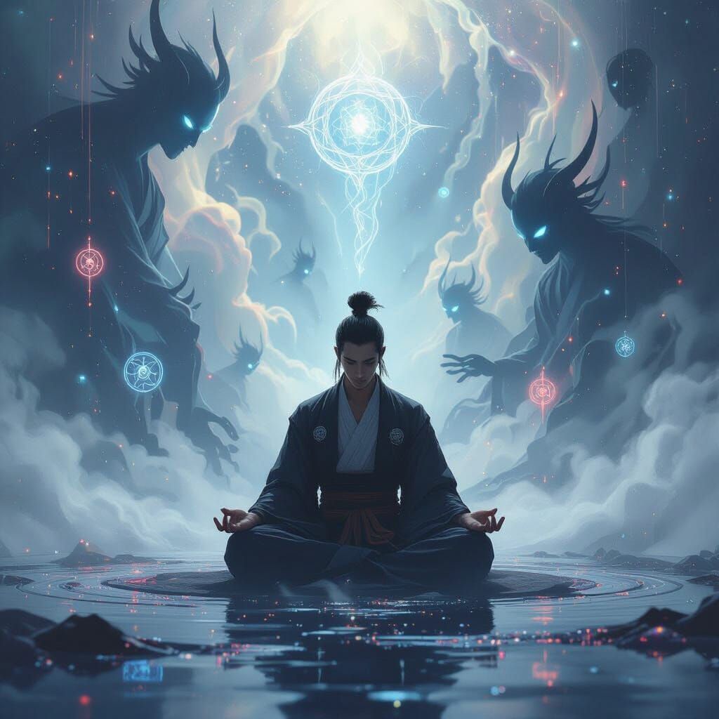 Samurai Meditating in Surreal Dreamscape with Ethereal Demon...
