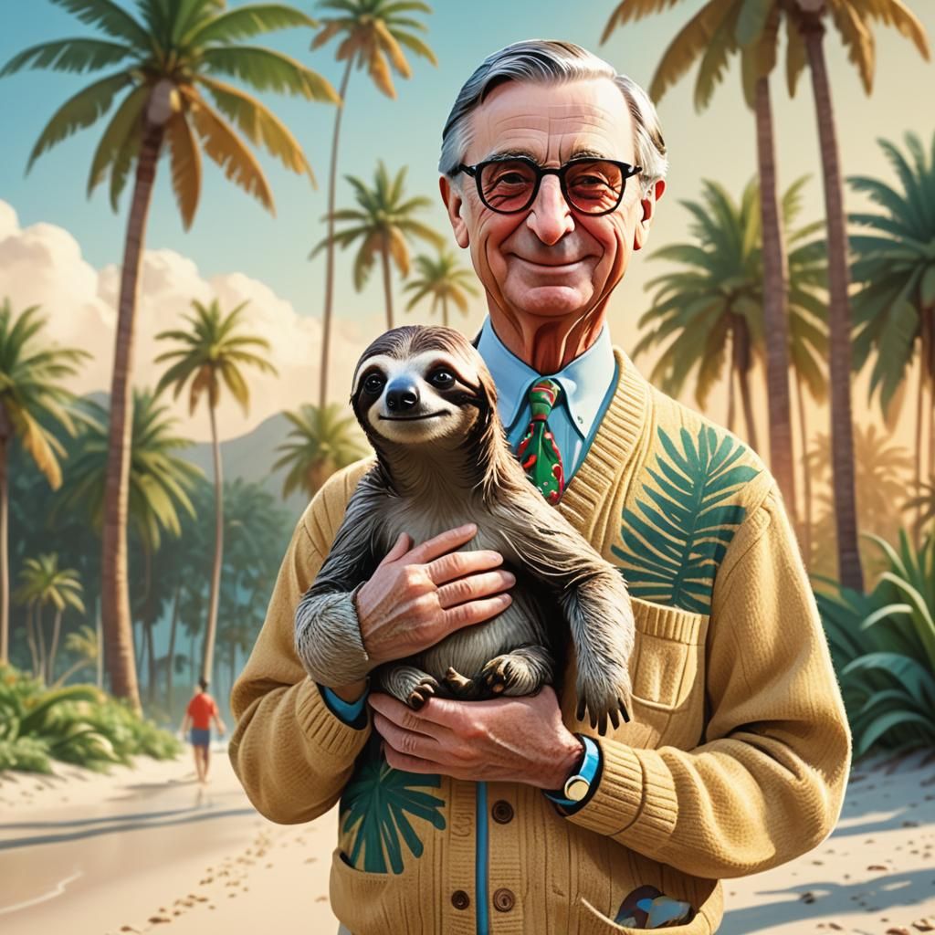 Mr. Rogers and Sloth on a Sunny Beach