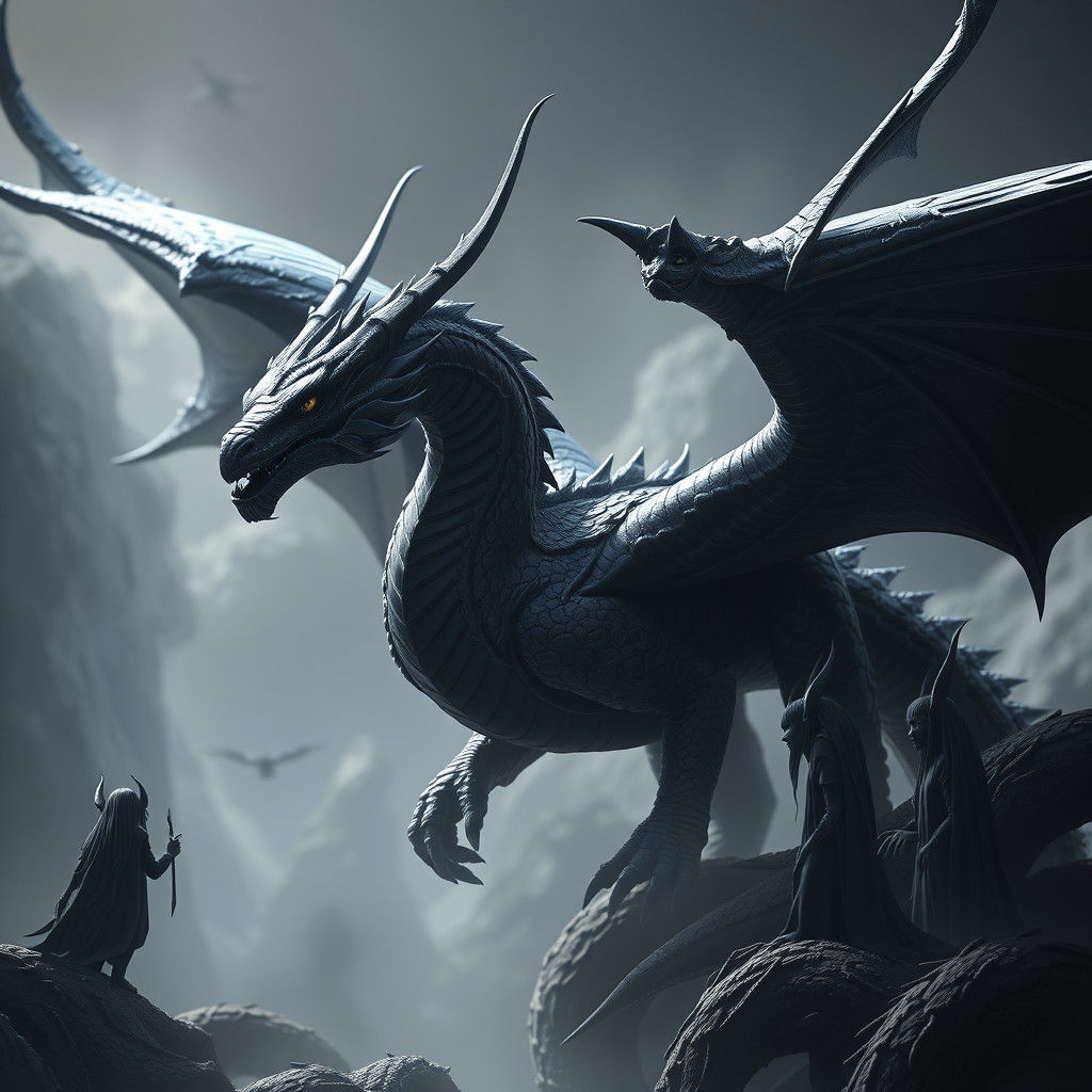 Detailed 3D Anime Art: Black Dragon with Dark Elves