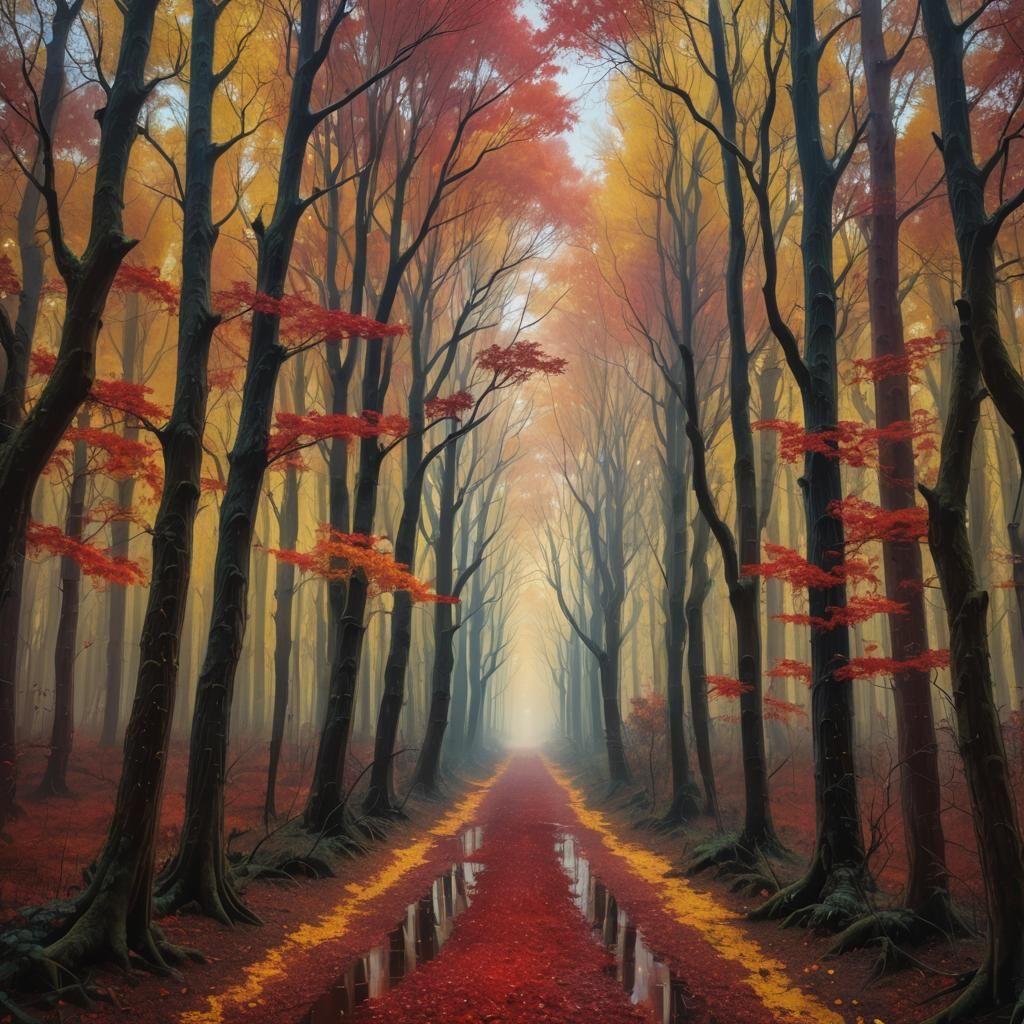 Surreal Forest Corridor with Falling Autumn Leaves
