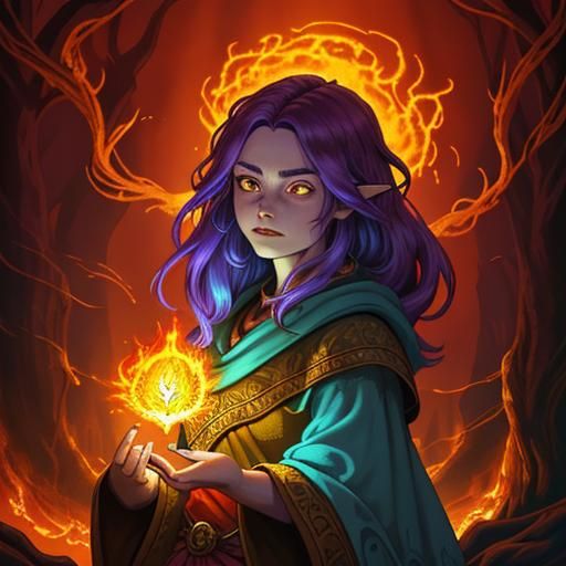 Sorceress Casting Fire Spell in Mystical Forest