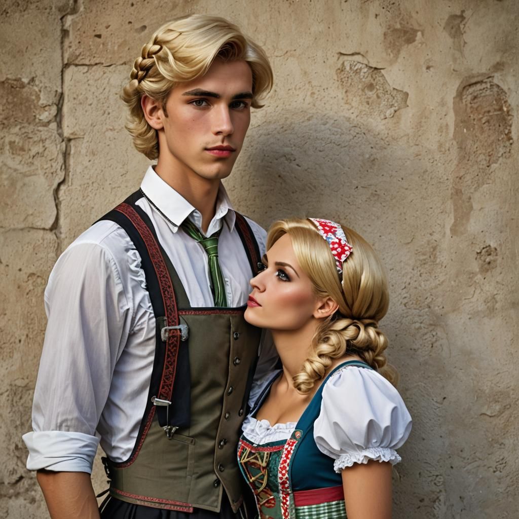 Young Woman Kissing Man in Bavarian Oktoberfest Dress