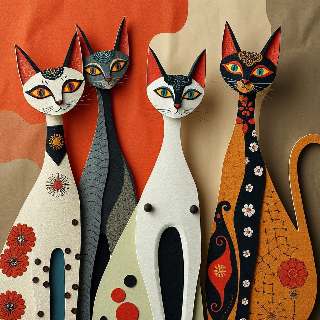 Abstract Cats in Cubist Poses, Collage Art