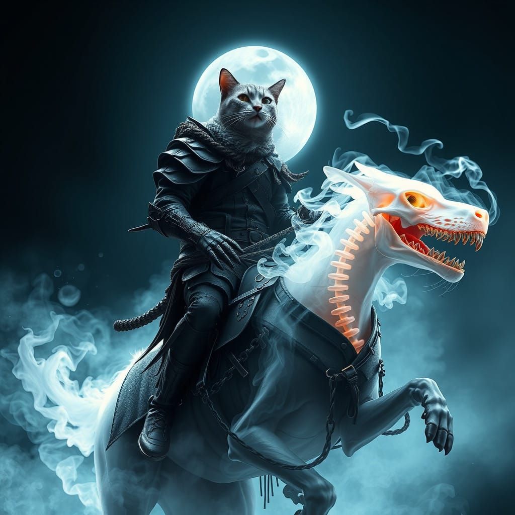 Cybernetic Feline Rider Gallops Through Glowing Mist