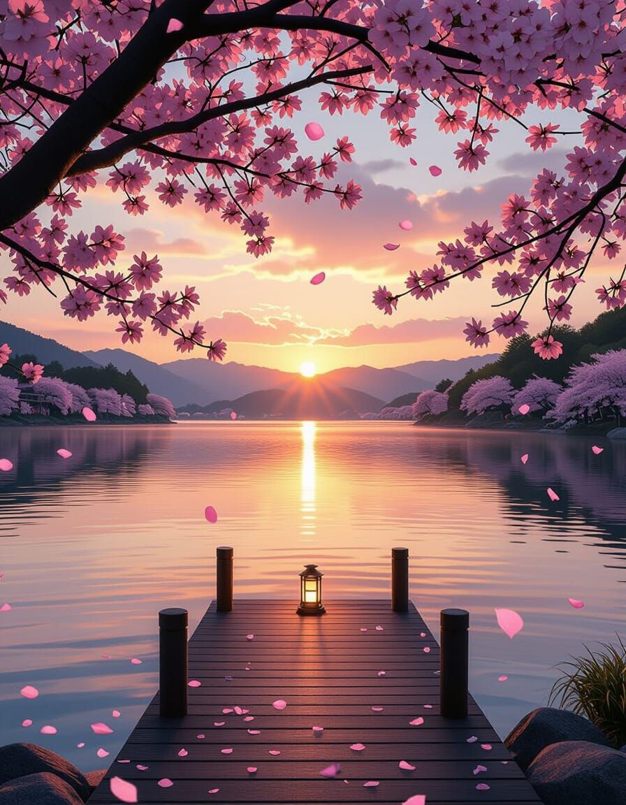 Tranquil Lakeside Sunset with Cherry Blossoms