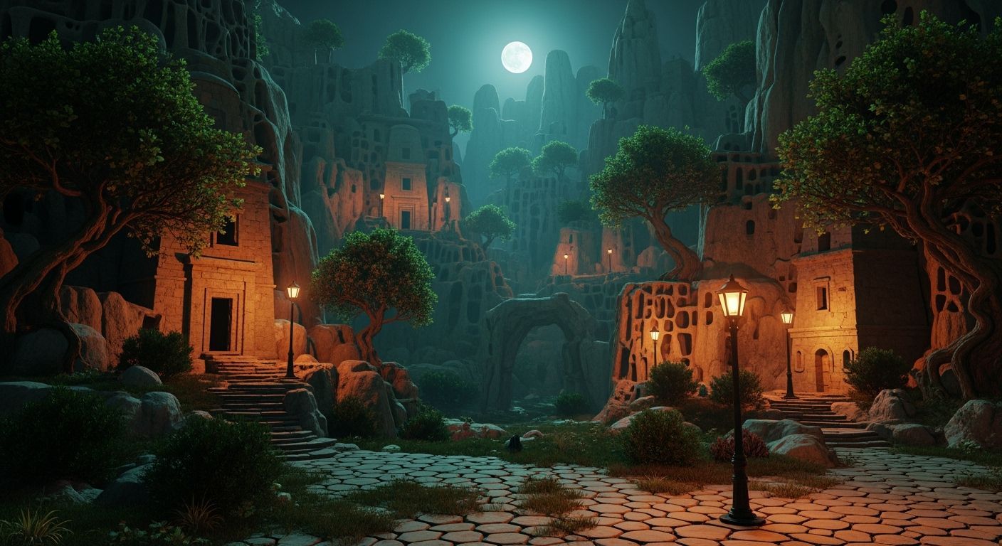 Epic Cliff Dwellings Under Moonlit Sky