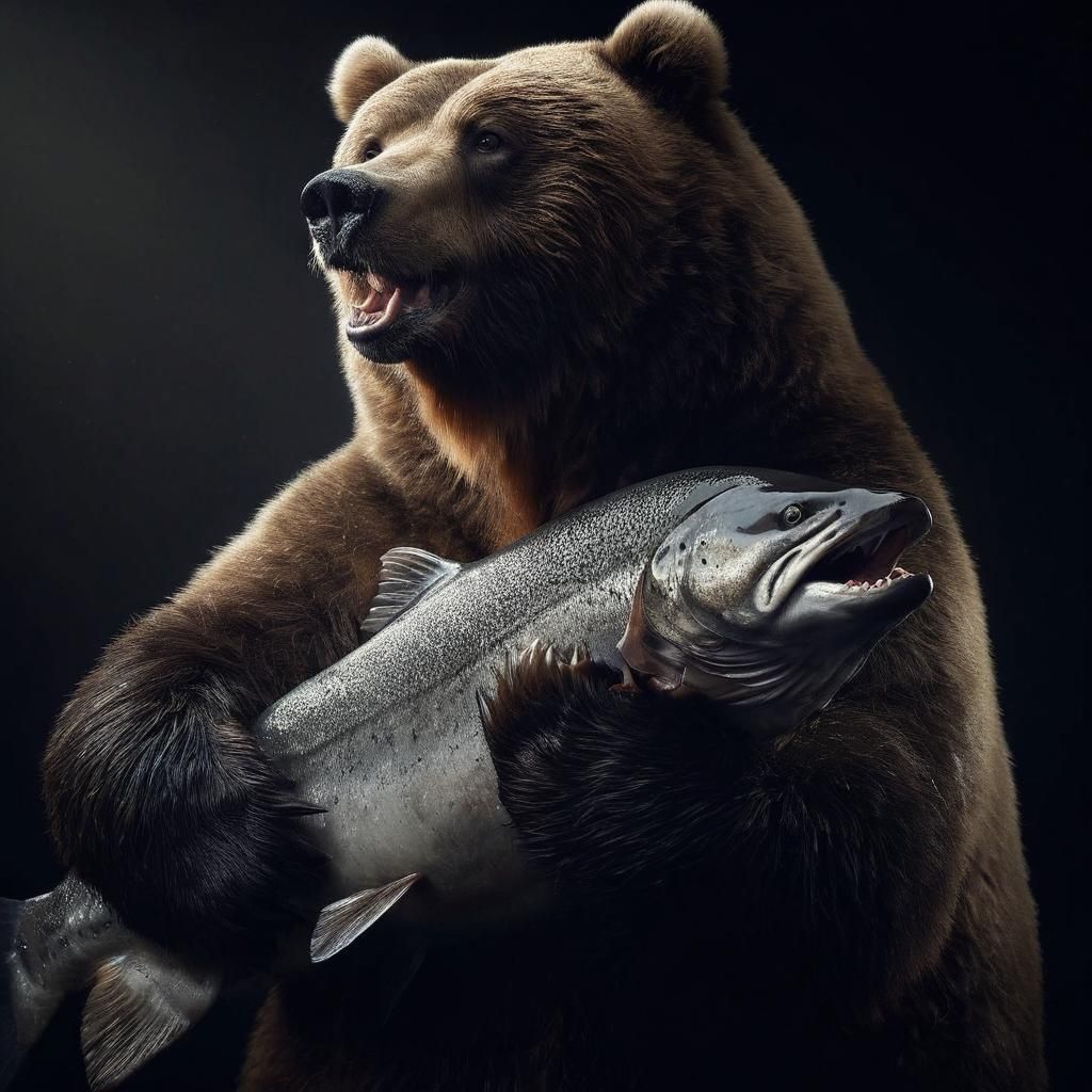 Kodiak Bear with Salmon in God-Lit Darkness