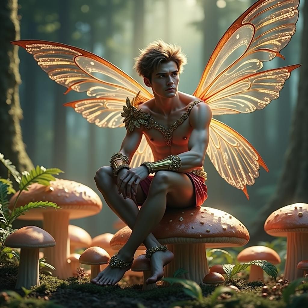 Hyper-realistic handsome male fairy sitting on a big mushroo...