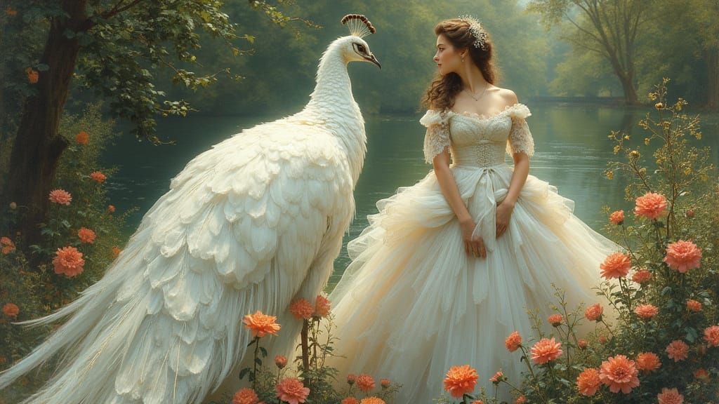 Victorian Woman With Majestic White Peacock