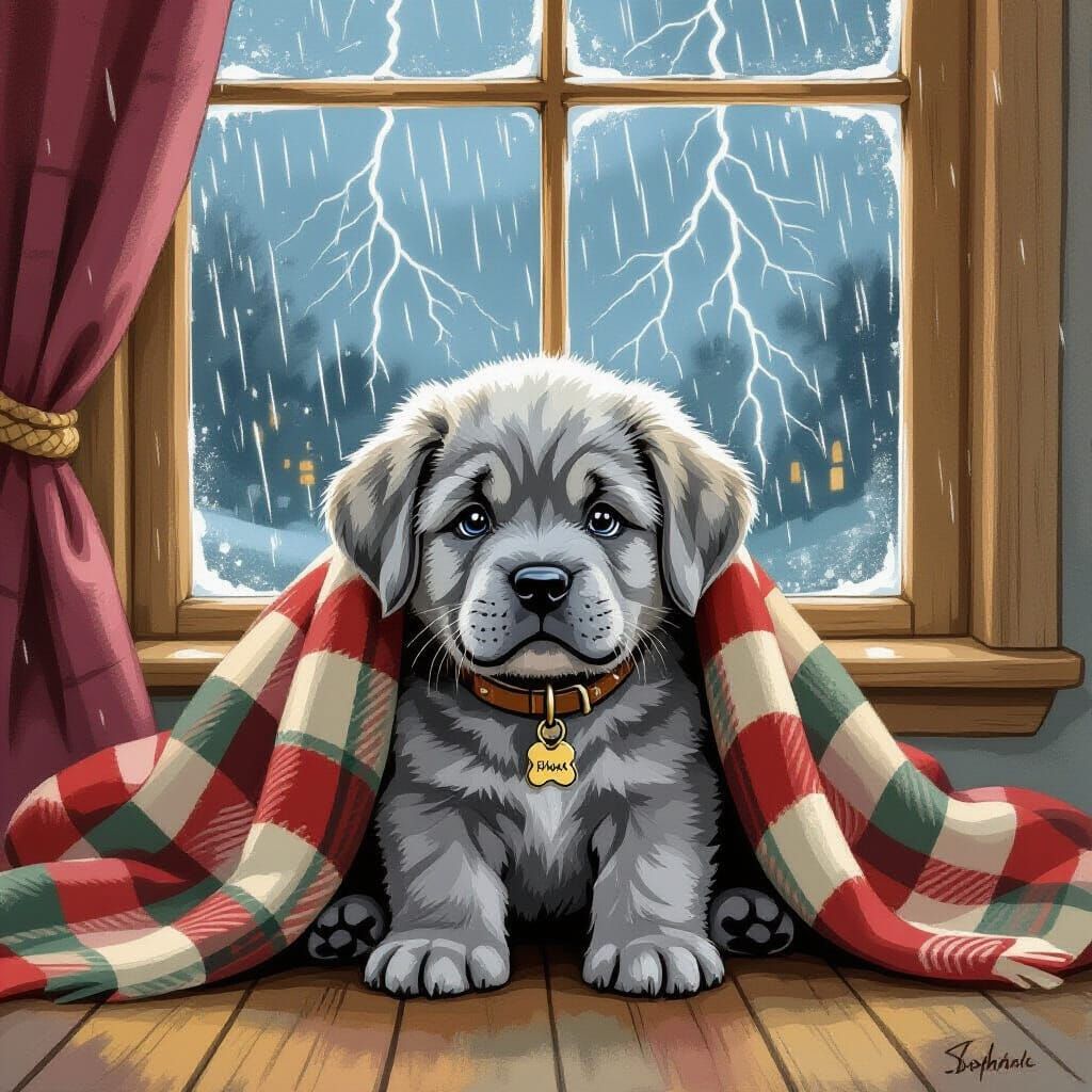 Fluffy Puppy Hides from Thunderstorm, Beatrix Potter Style