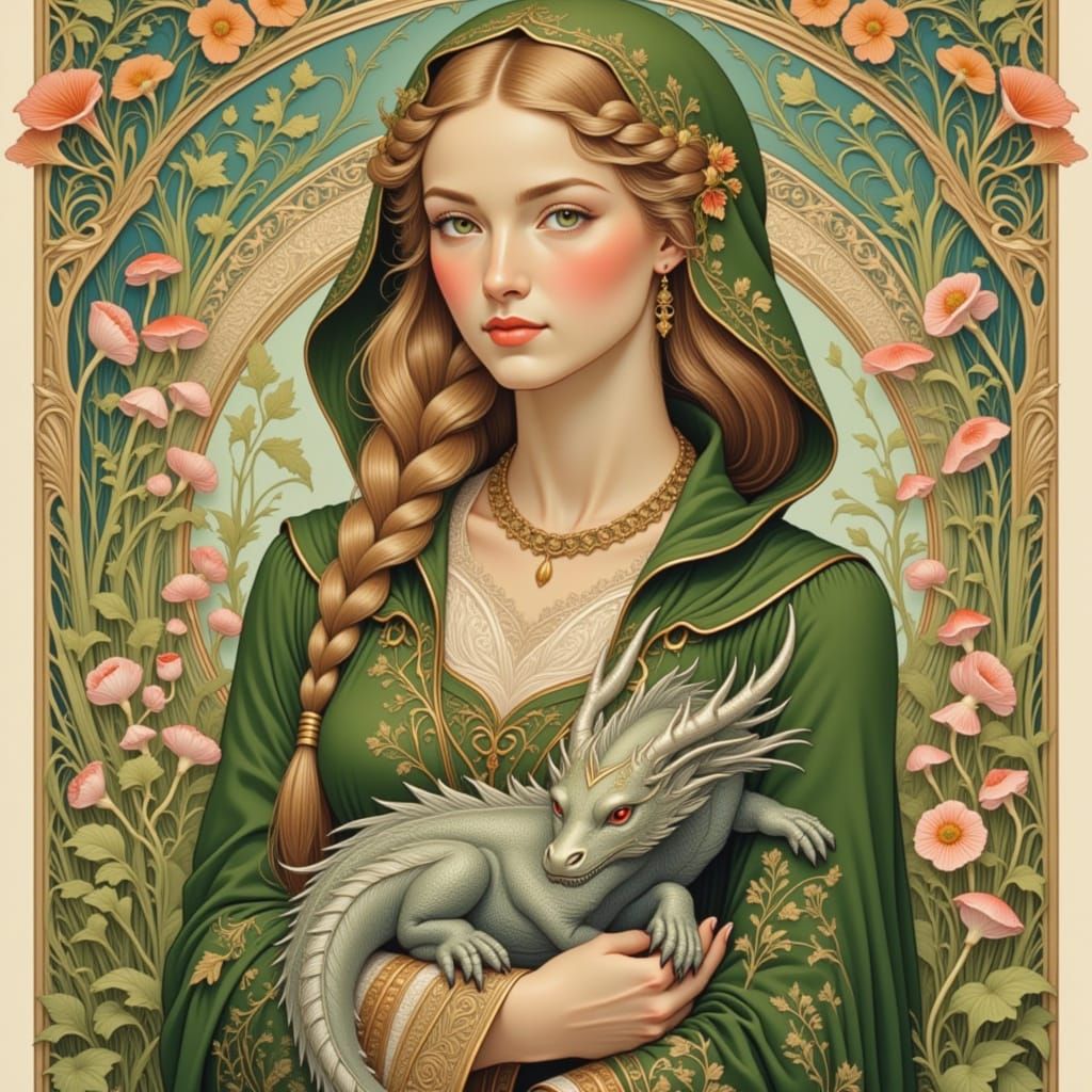 Art Nouveau Woman with Silver Dragon