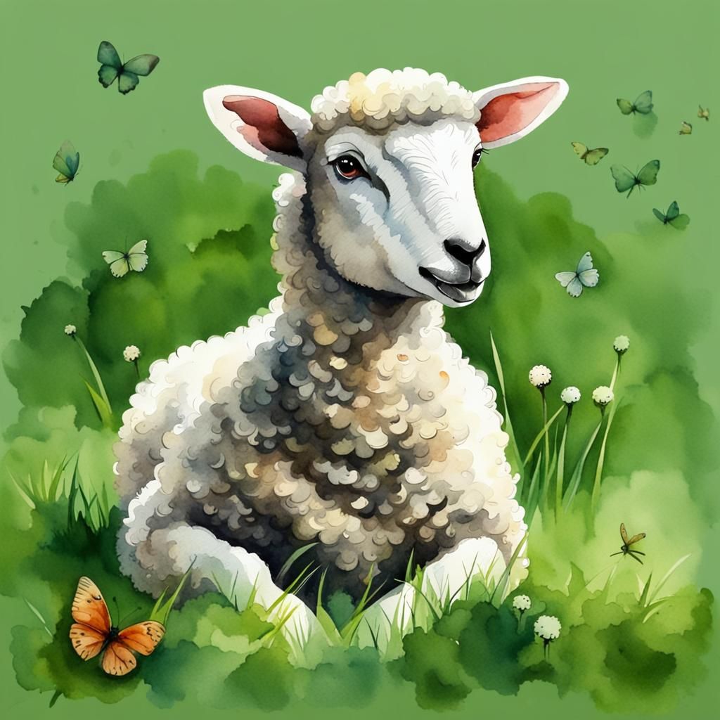Watercolor Baby Sheep with Butterflies