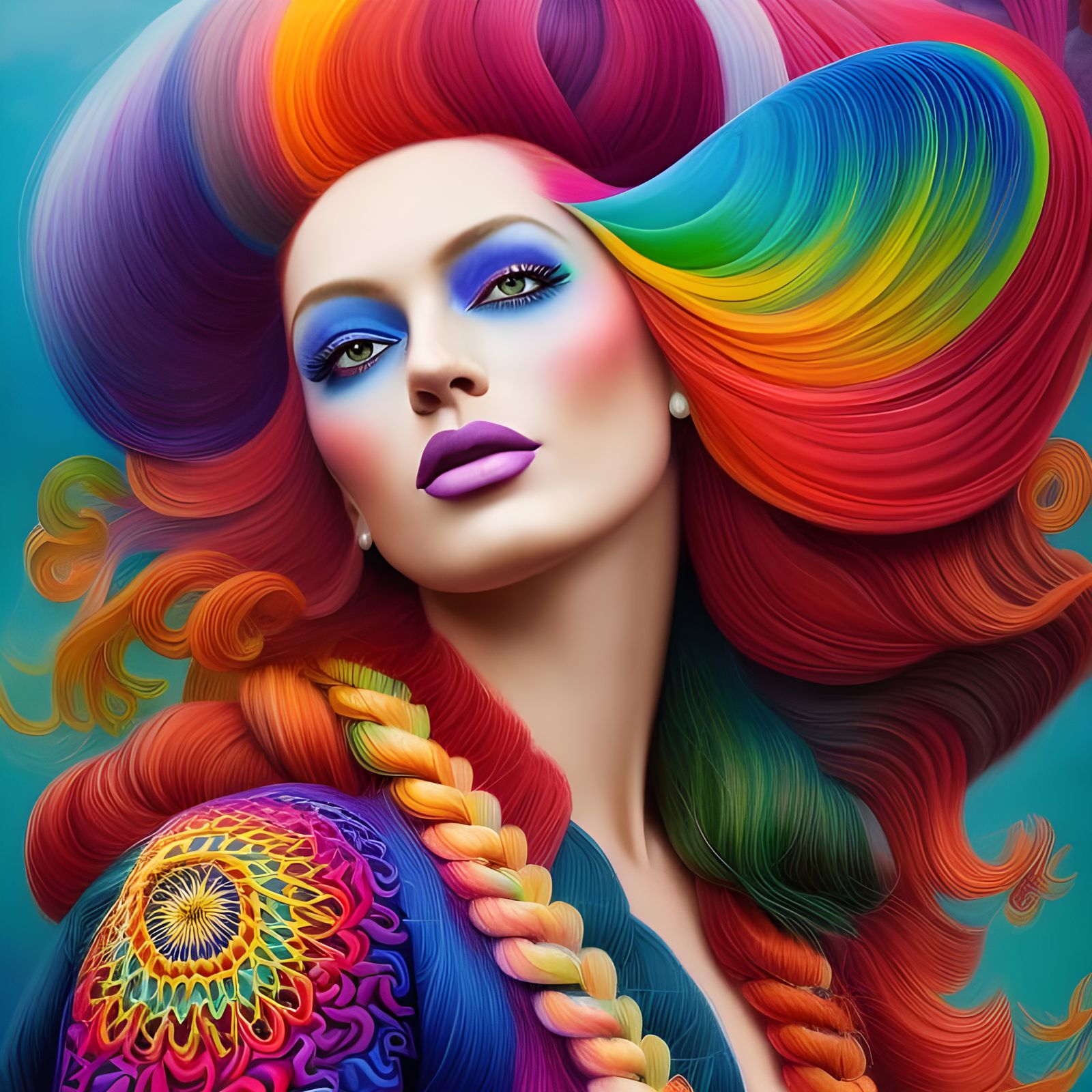 Psychedelic Redhead Portrait with Braids, Surreal Oil Painti...