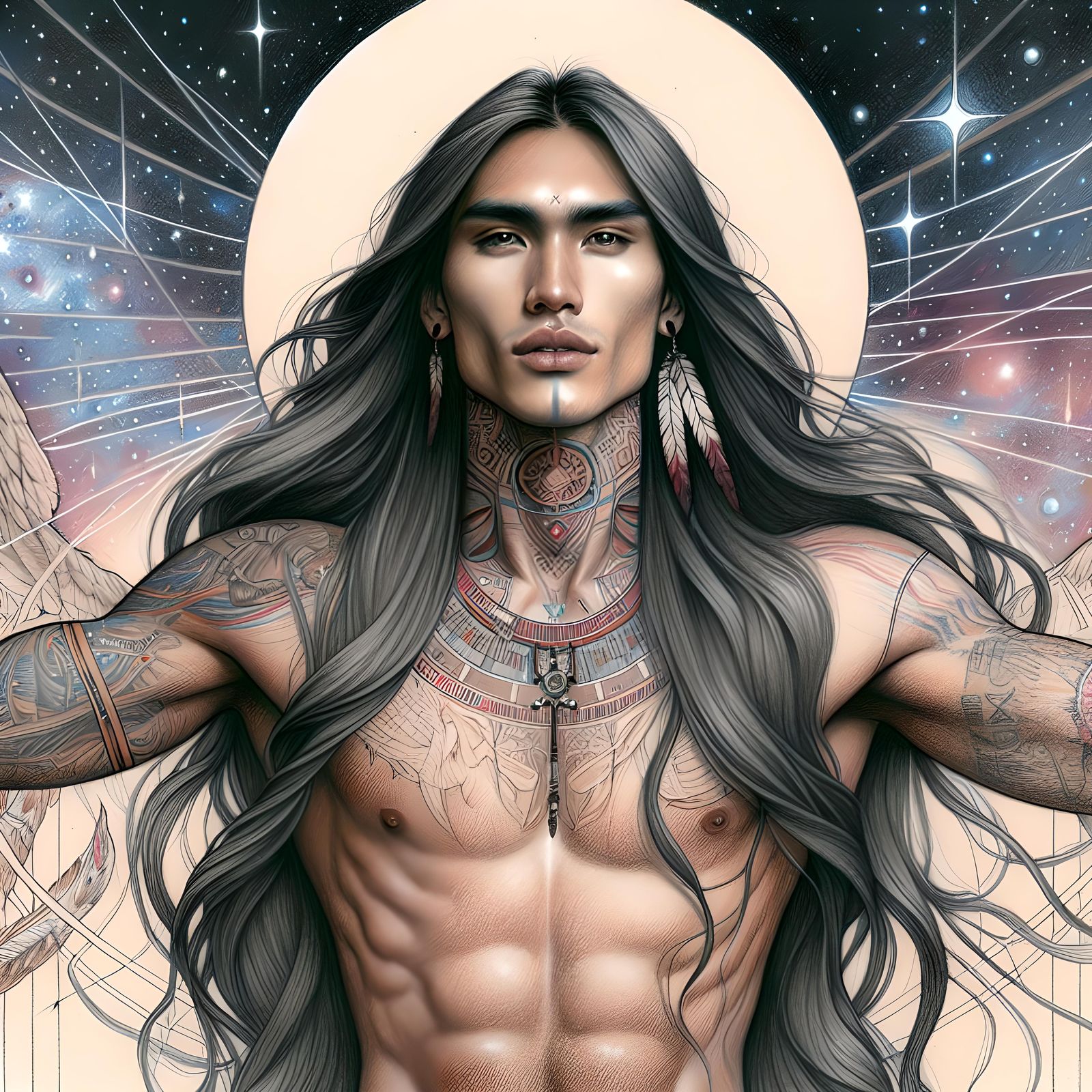 Gorgeous Native American God with Cybersigilism Tattoos