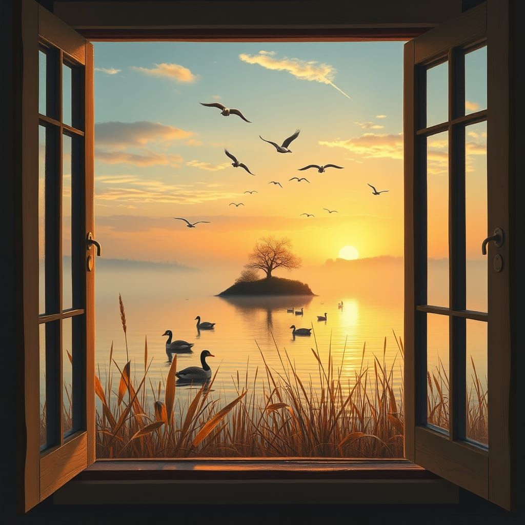 a lake seen through an open wooden window. It is sunset. There is a small island bearing a tree which has a few leaves l...