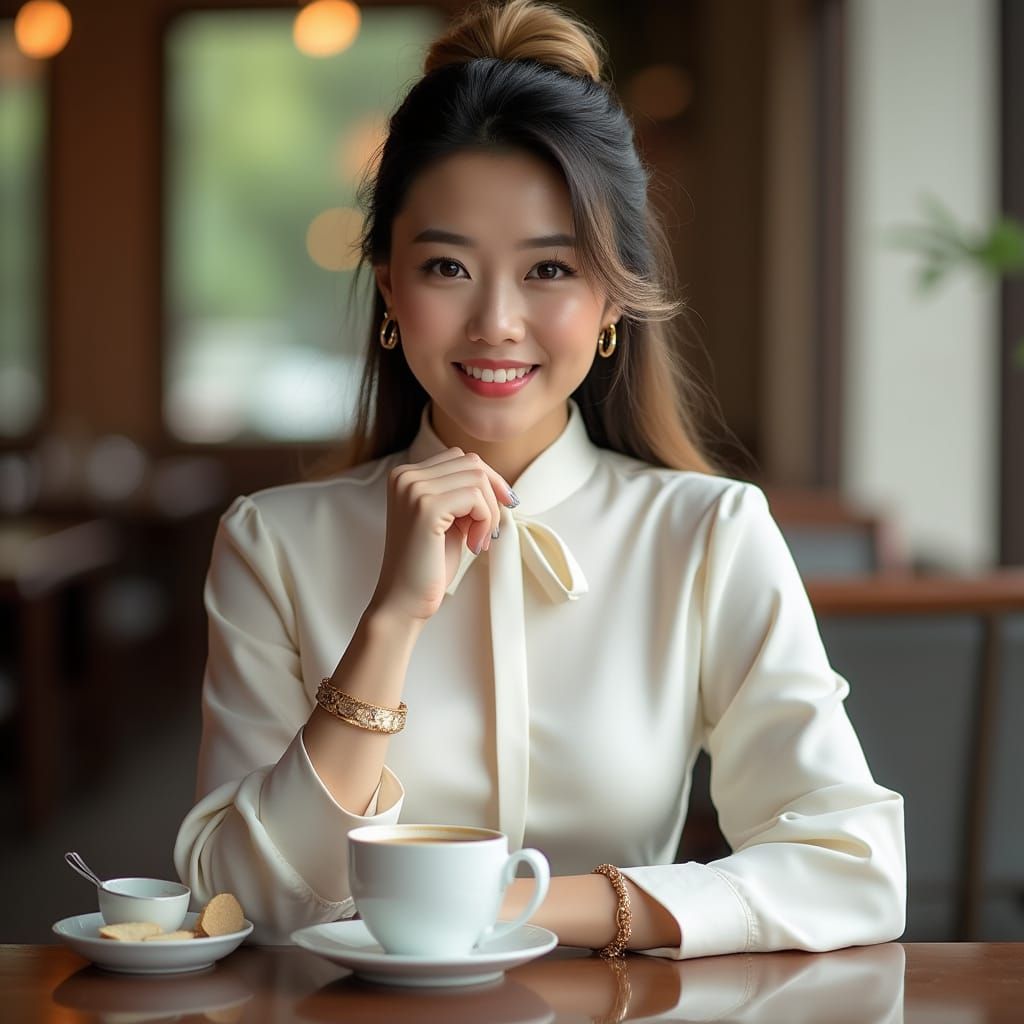 Confident Teacher with Gold Accessories in Cafe