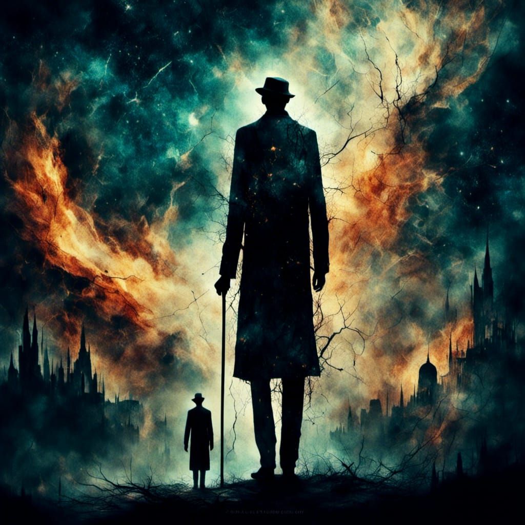 Epic Silhouette: Old Man in Burning Galaxy City