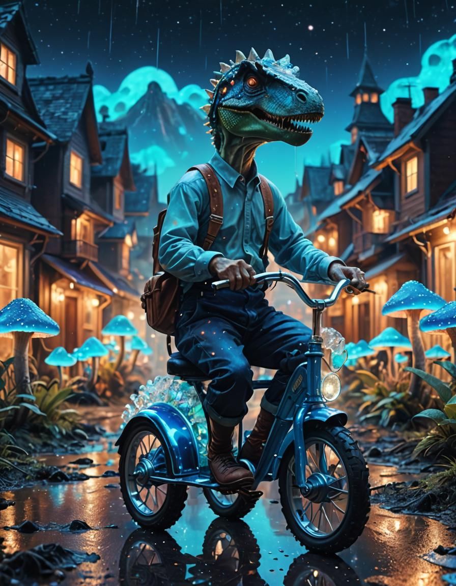 Dinosaur on Tricycle in Surreal Mushroom City