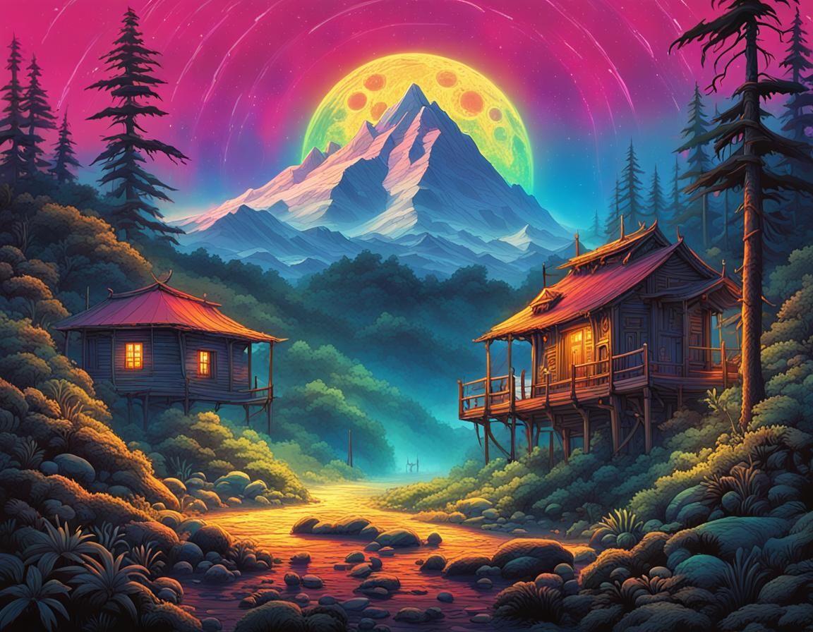 Neon Compass Guides to Lost Villages: Surreal Digital Art