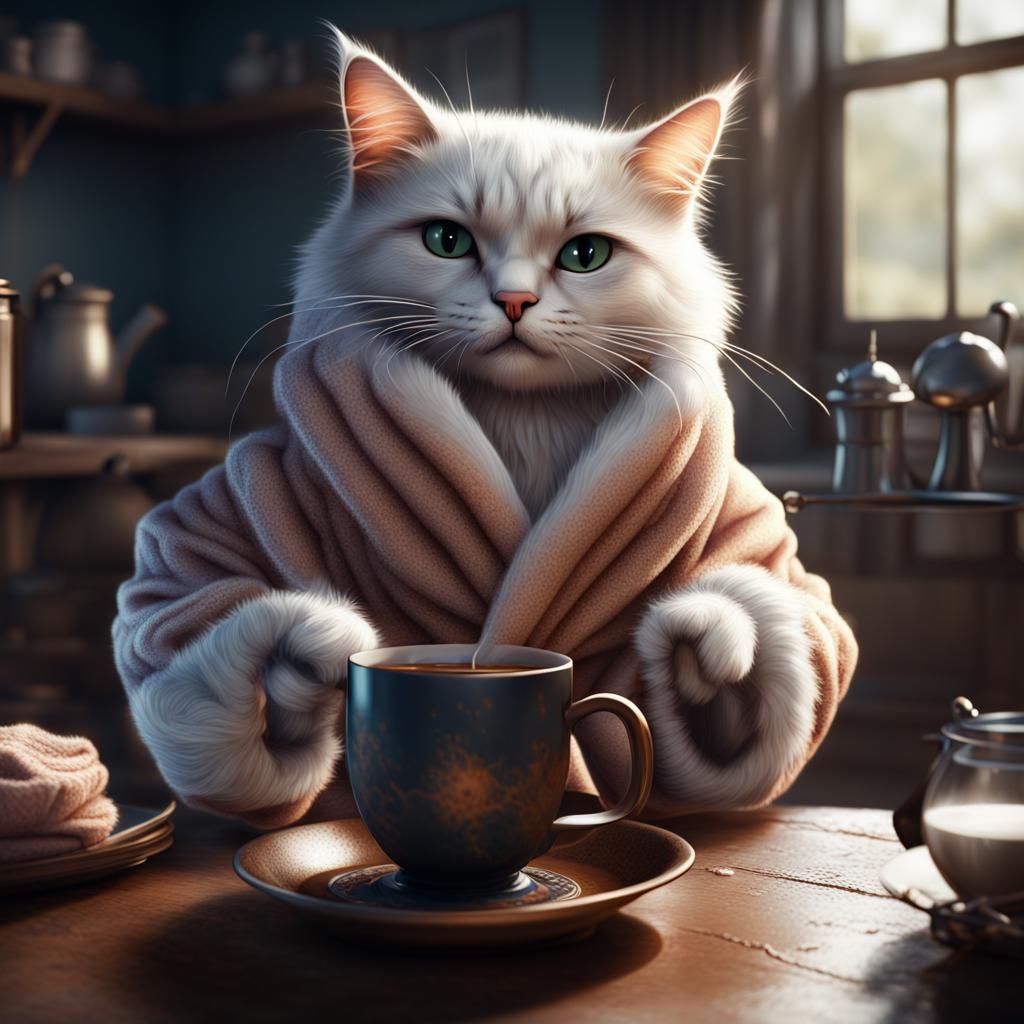 Tired Cat Drinks Coffee in Bathrobe