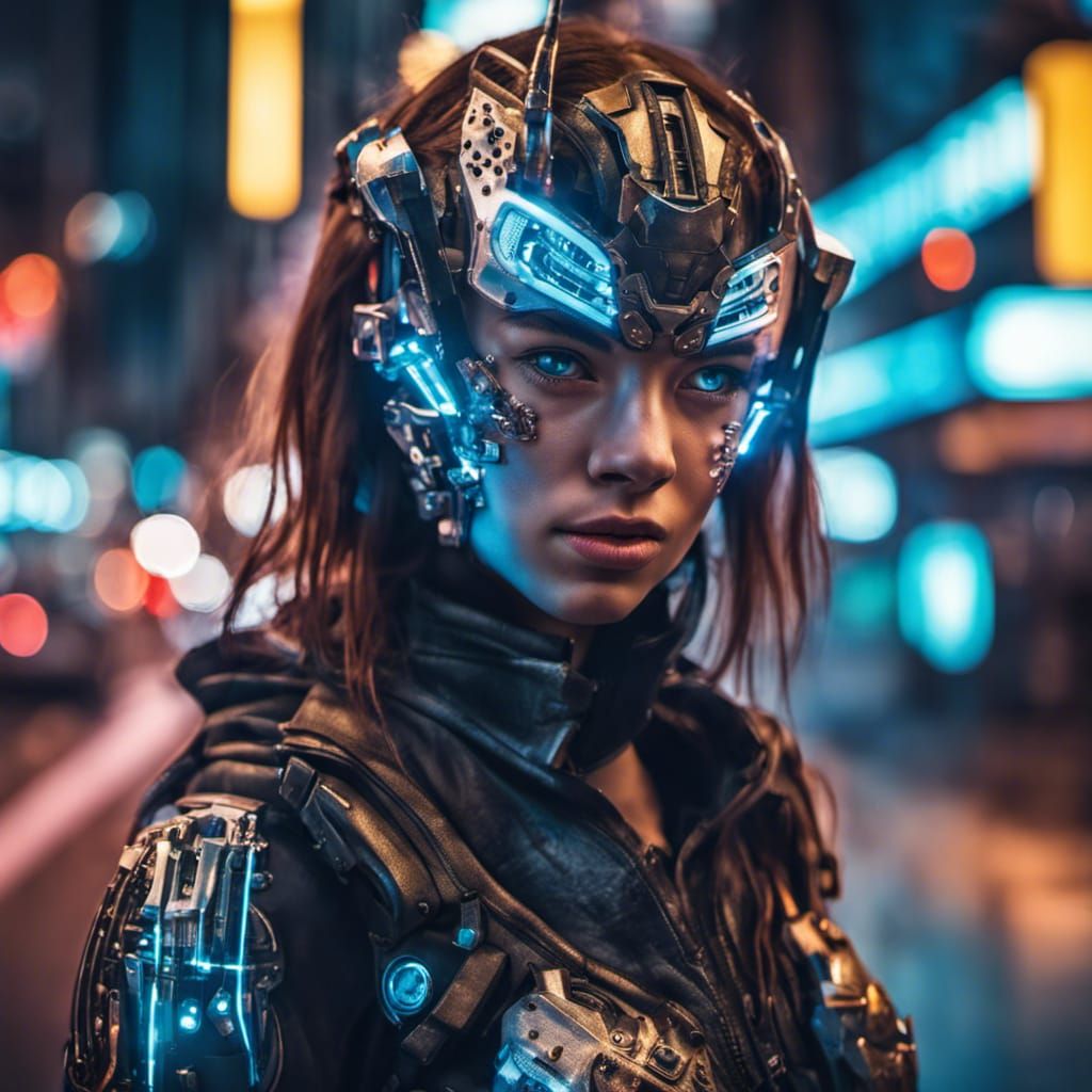 Cyborg Girl in Neon City: Hyperrealistic Portrait