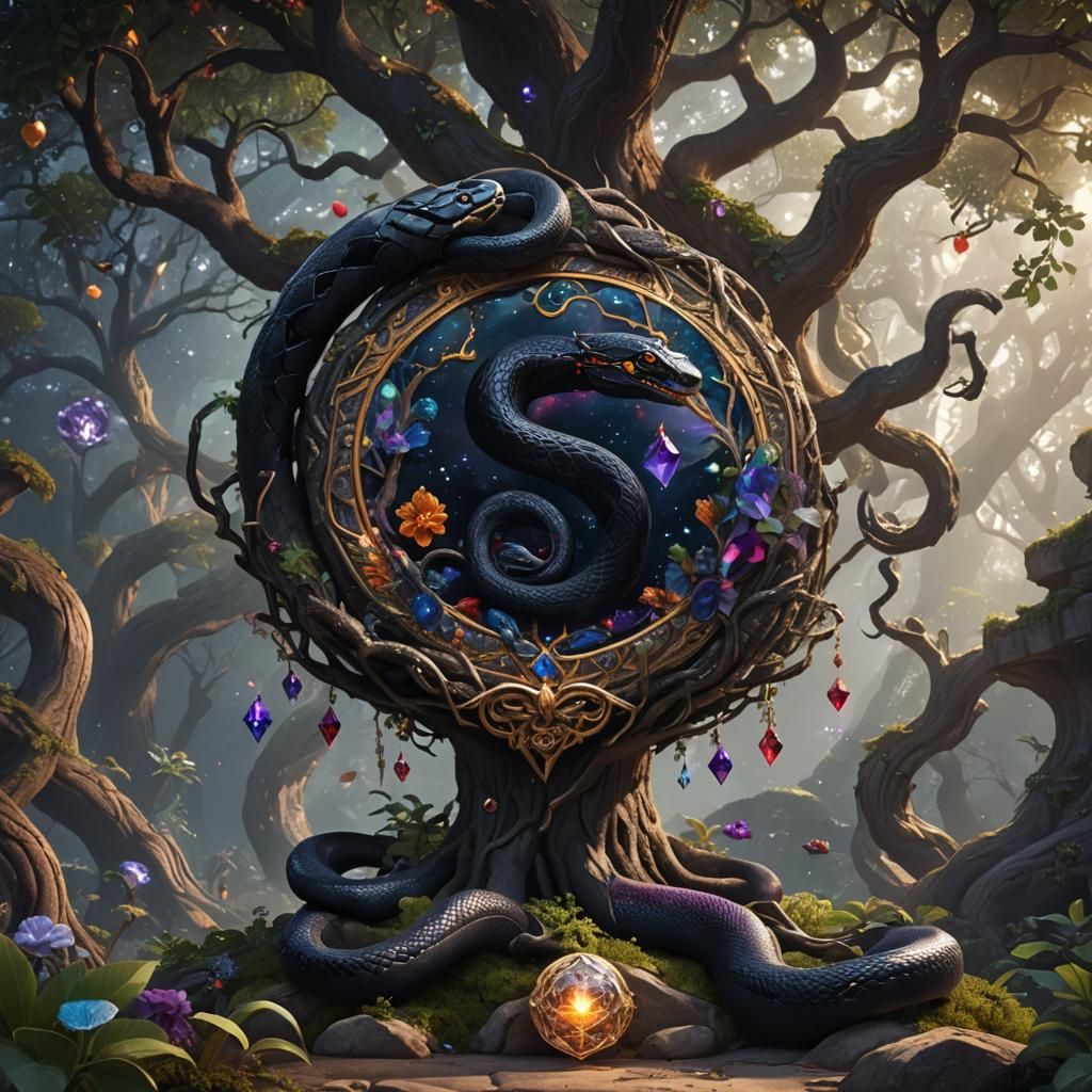 Black Snake Climbing Amethyst Crystal in Cosmos