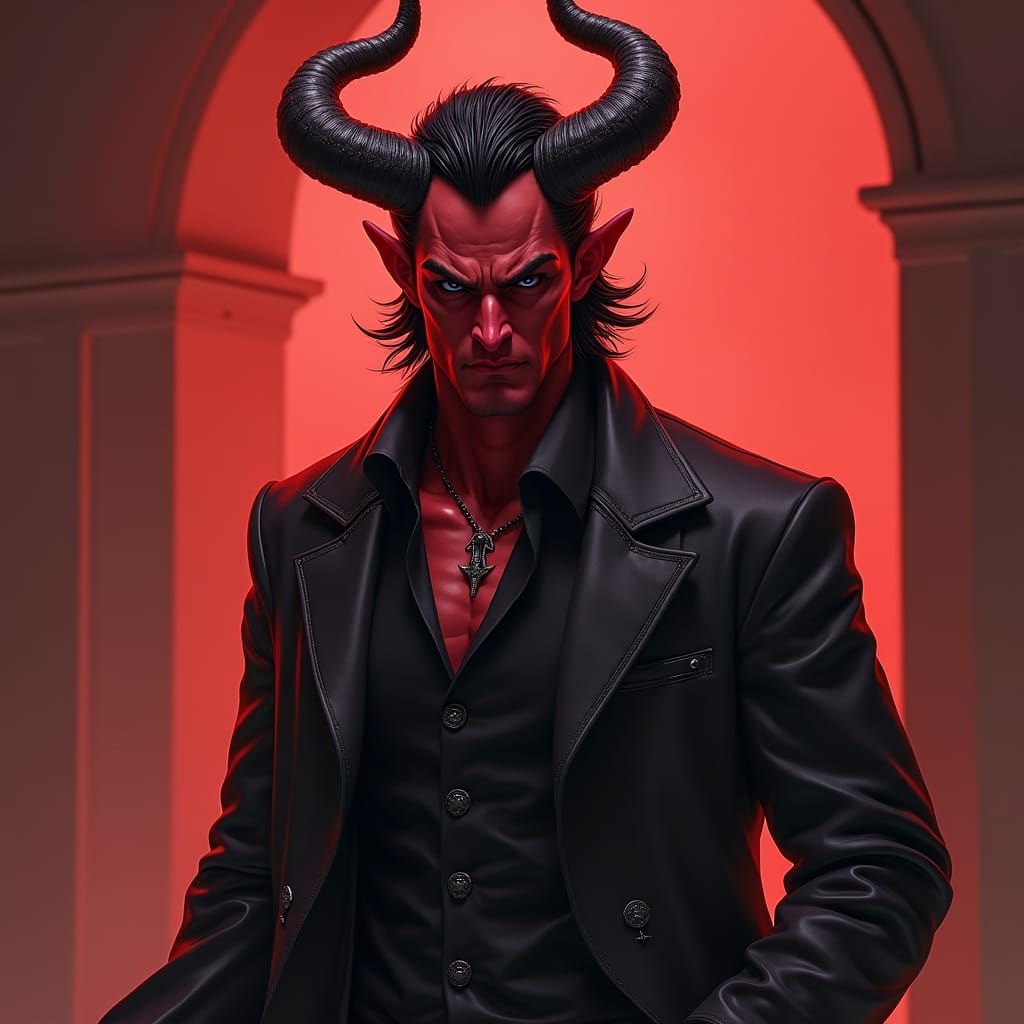 Striking Tiefling Detective in Detailed Matte Painting Style