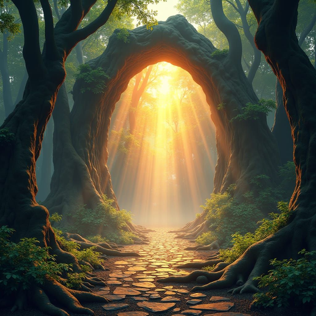 Gemstone Portal Illuminates Ancient Forest in Sunlight