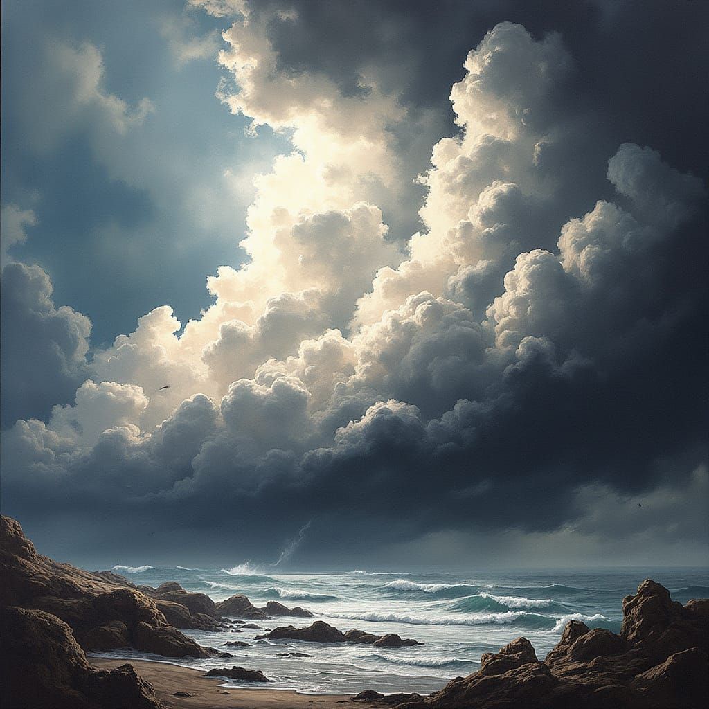 Stormy Urban Skyline in Fragmented, High Contrast Style