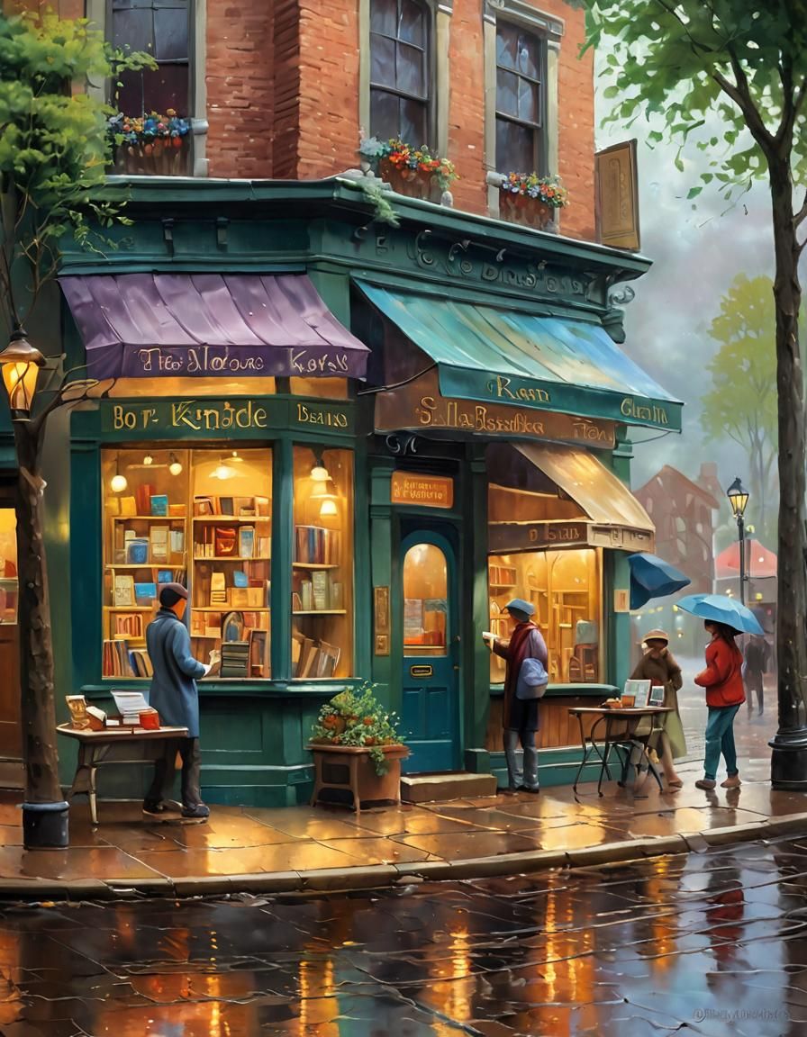 Whimsical Bookstore Scene in Neo-Impressionist Oil Painting