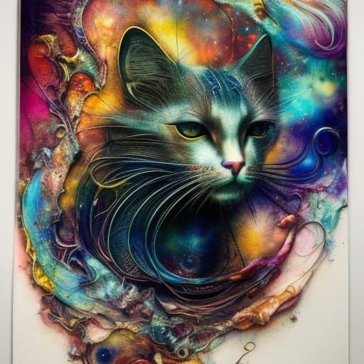 Celestial Cat on Moonlit Street: Mixed-Media Painting