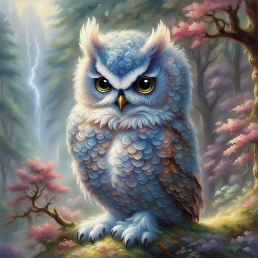 Ethereal Cute Owl in a Kinkade Fantasy