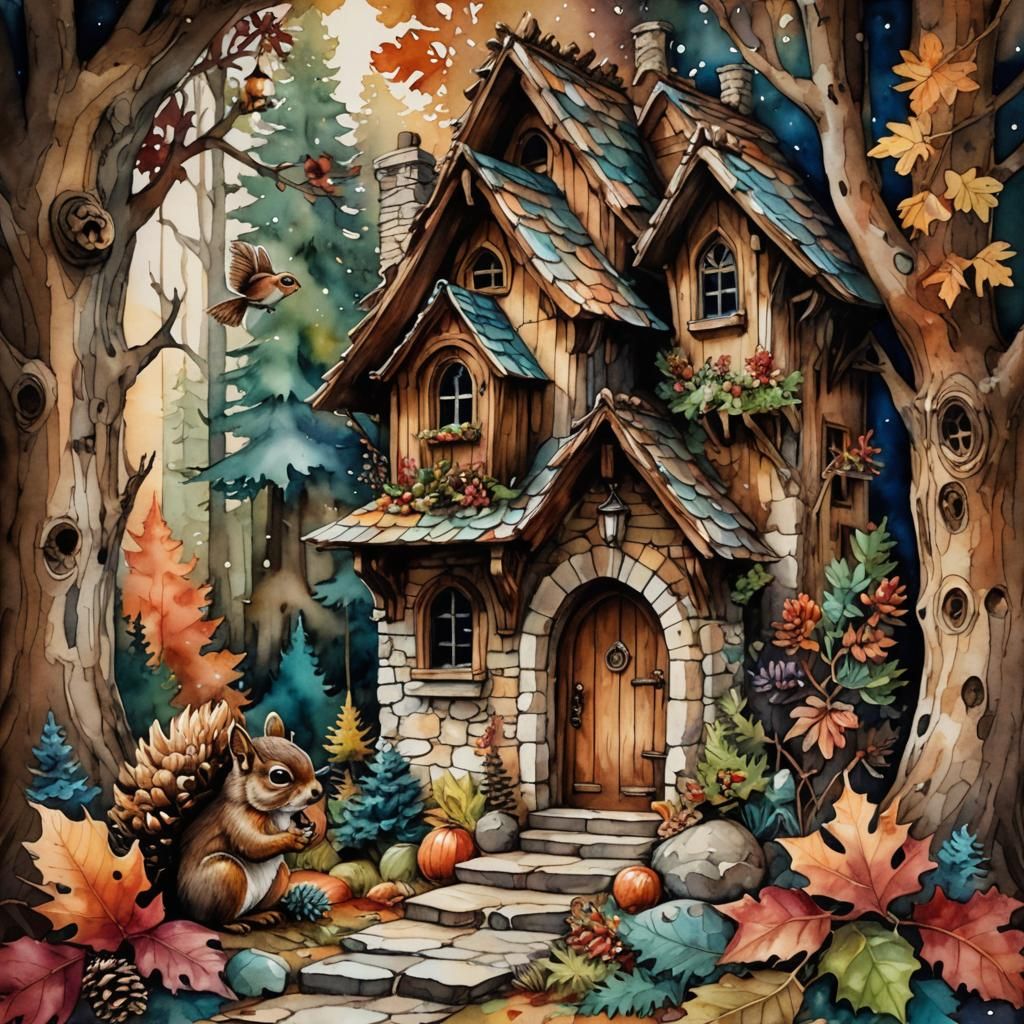 Whimsical Autumn Forest Pinecone House Watercolor Illustrati...