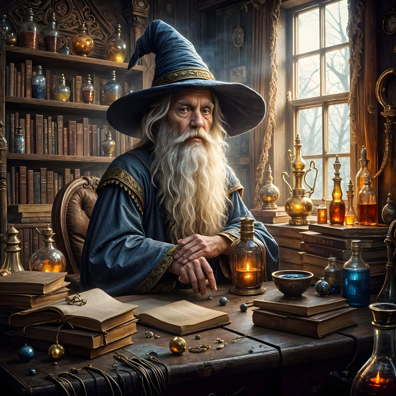 Wise Wizard in Cluttered Study, Artstation Masterpiece