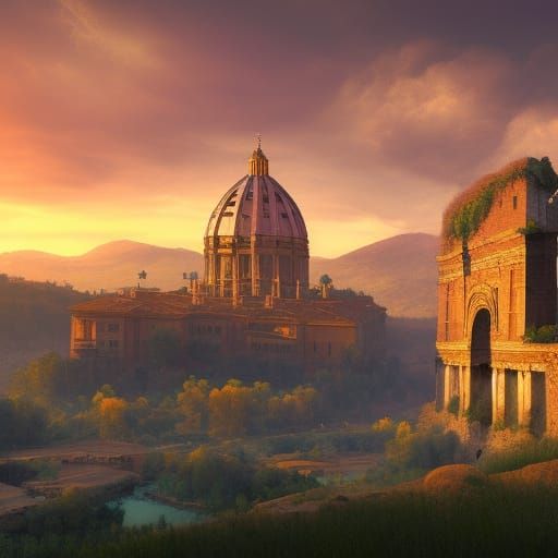 Mountainside Roman Castle at Sunset: Detailed Matte Painting