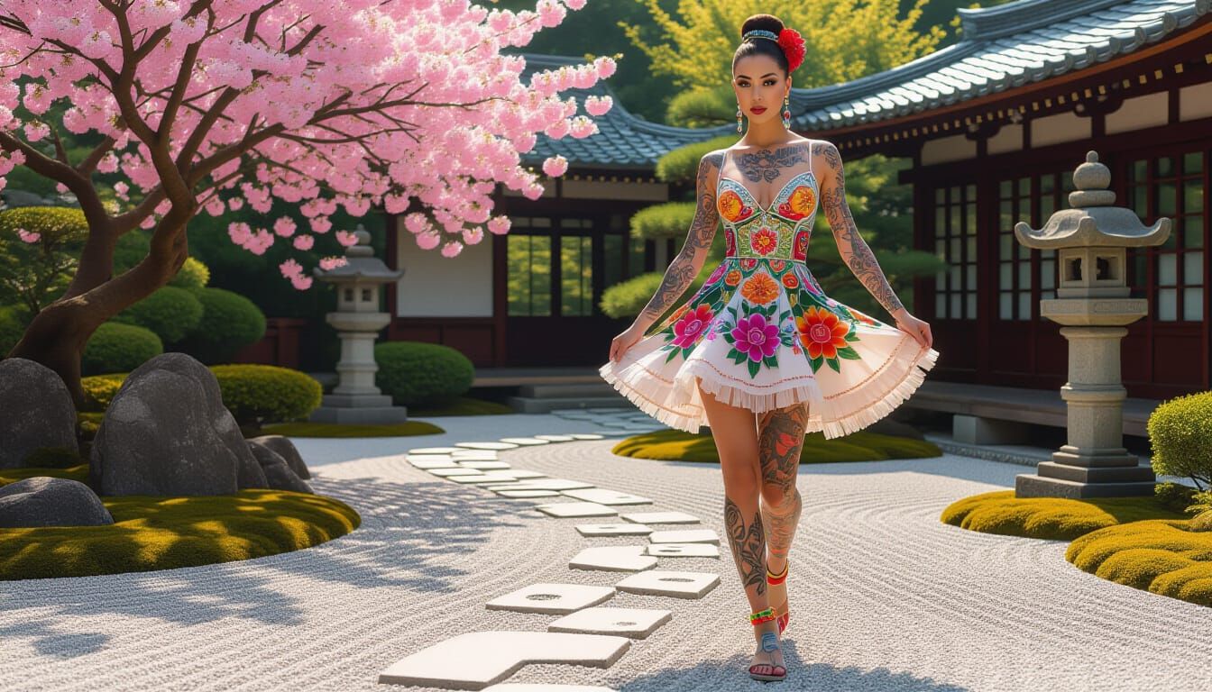 Tattooed Woman in Vibrant Dress Runs Through Zen Garden