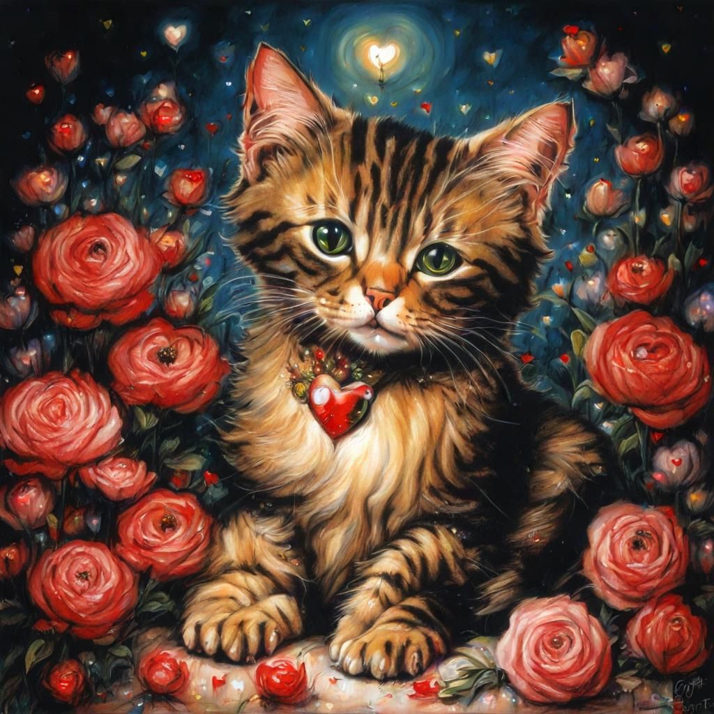 Cute Cat Surrounded by Flowers in Baroque Style