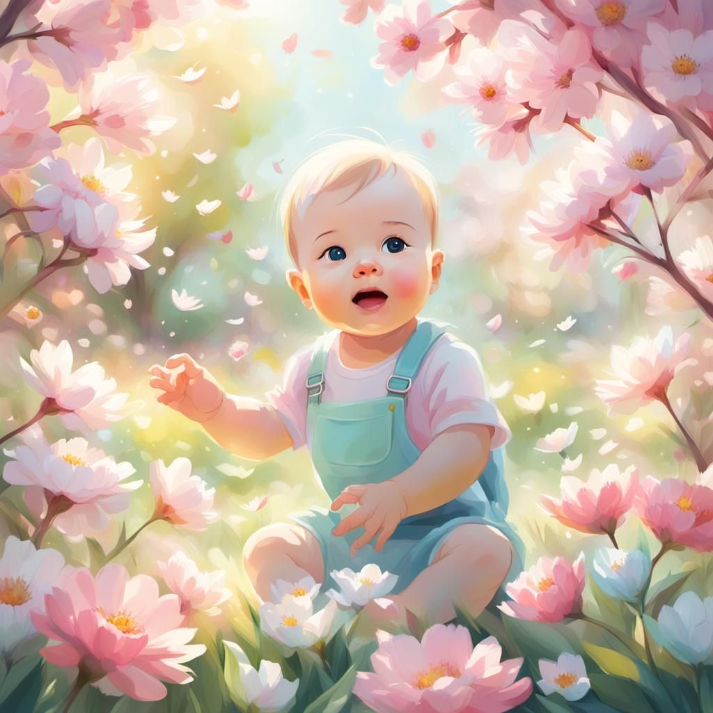 Surreal Spring Scene with a Baby in a Blooming Garden