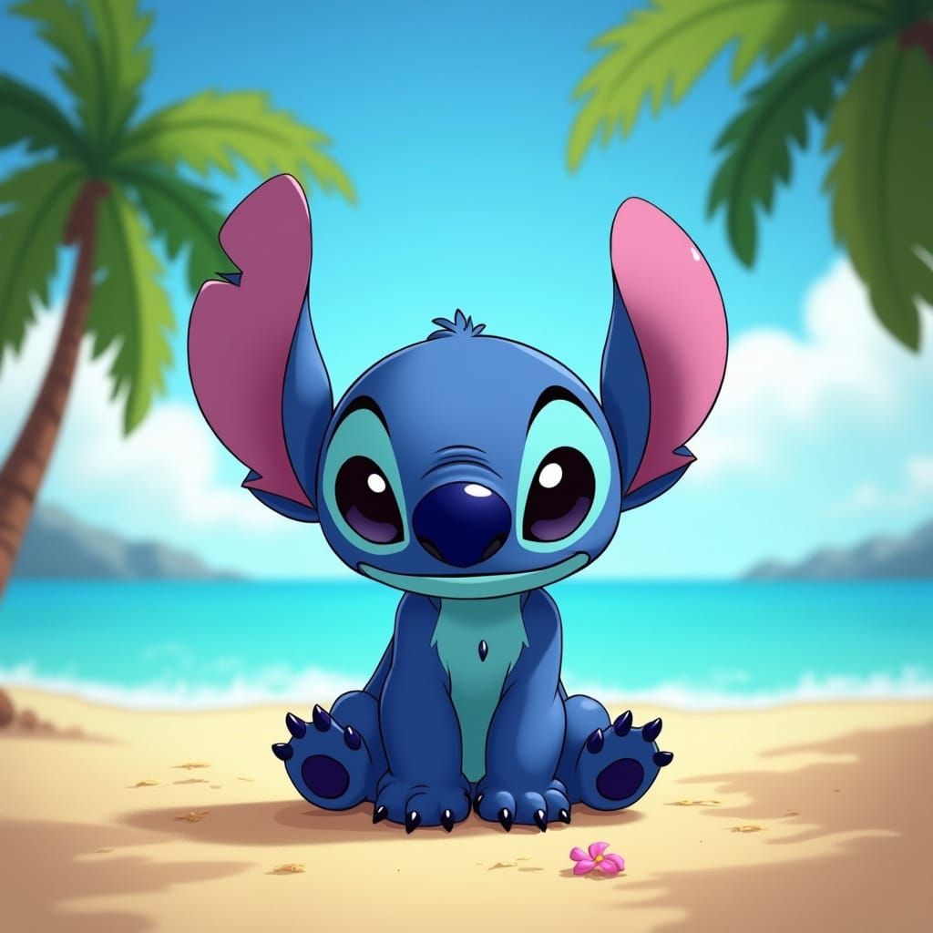 Stitch on a Hawaiian Beach in Cartoon Style